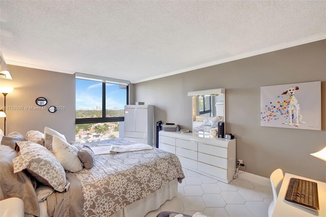 bedroom featuring fridge, expansive windows, a textured ceiling, and crown molding