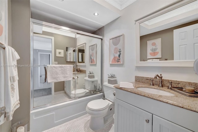 full bathroom featuring vanity, toilet, recessed lighting, and shower / bath combination with glass door