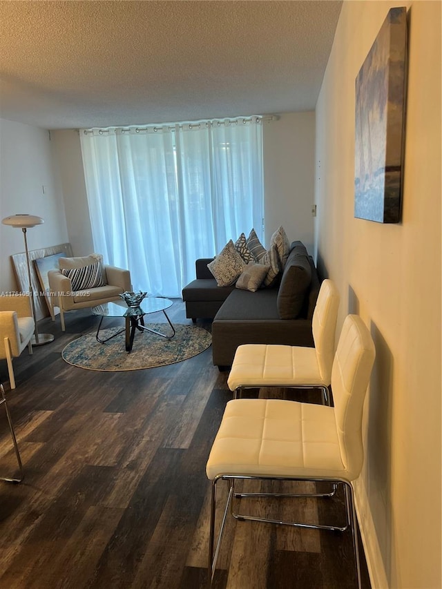 living room with a textured ceiling and wood finished floors