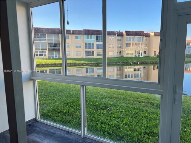 interior space with a water view