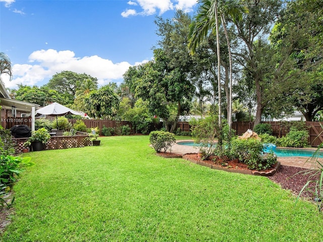 view of yard with a fenced in pool and a fenced backyard