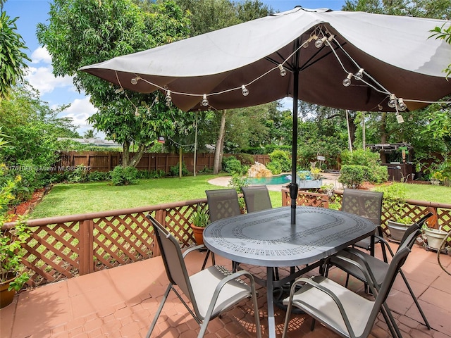 view of patio / terrace with a fenced in pool, outdoor dining area, and a fenced backyard