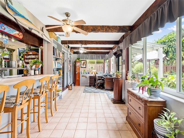 sunroom with visible vents, beam ceiling, and a ceiling fan