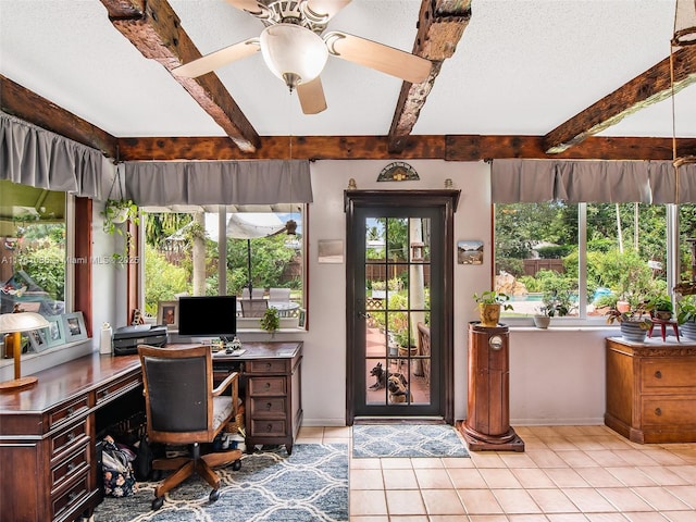 tiled office space featuring beam ceiling, baseboards, a textured ceiling, and ceiling fan