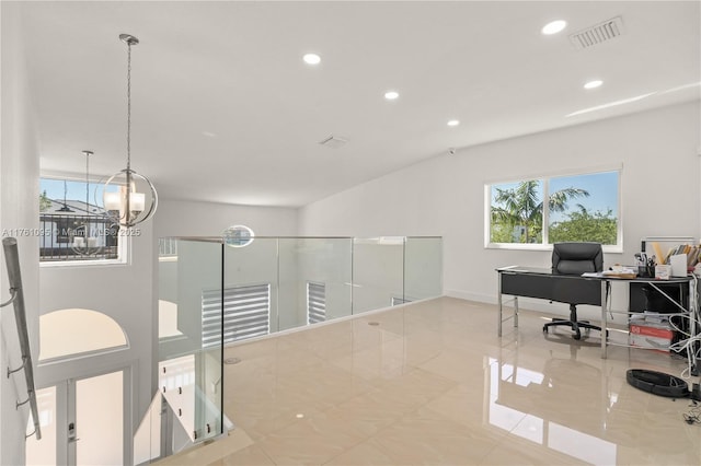 office space with baseboards, recessed lighting, visible vents, and a chandelier