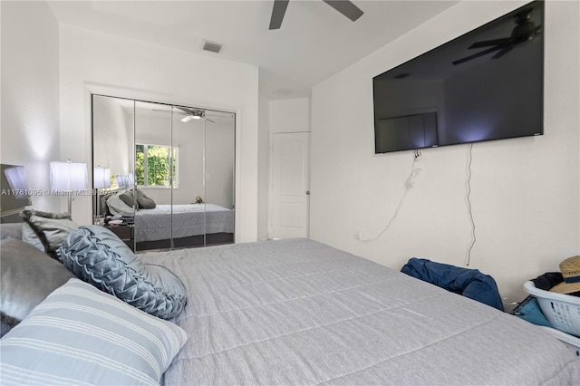 bedroom featuring visible vents, a closet, and a ceiling fan