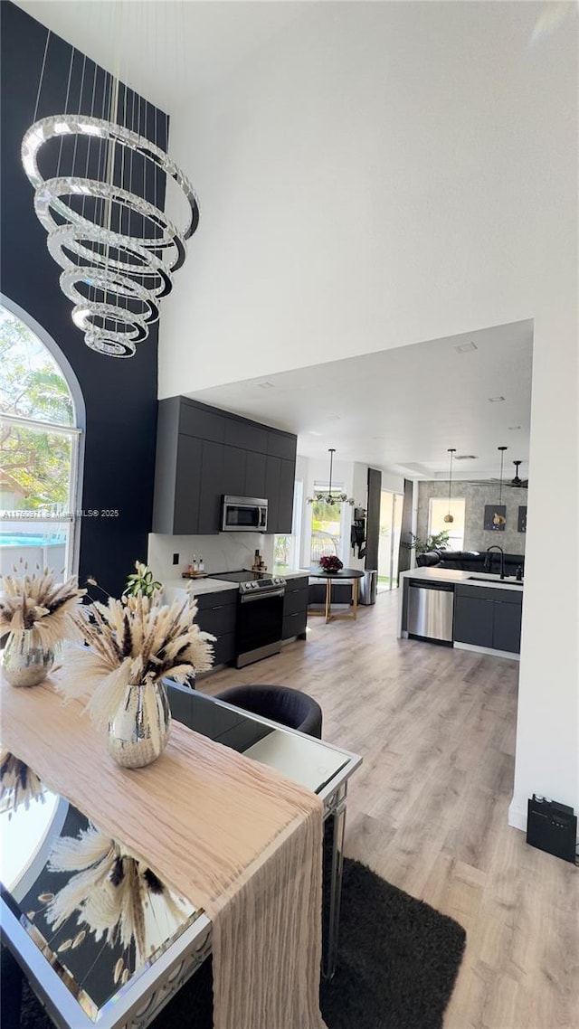 kitchen featuring a high ceiling, a sink, light wood-style floors, appliances with stainless steel finishes, and dark cabinets