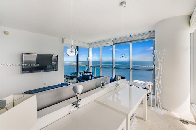 interior space featuring hanging light fixtures, light colored carpet, and a water view