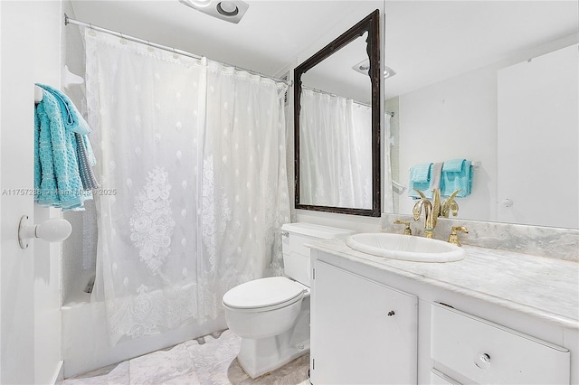 full bath featuring shower / bath combination with curtain, toilet, and vanity