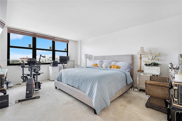 bedroom with light colored carpet and a textured ceiling