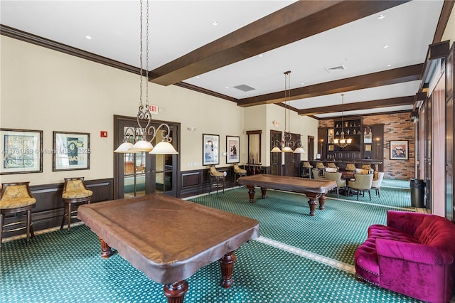 playroom featuring a wainscoted wall, beam ceiling, carpet floors, pool table, and crown molding