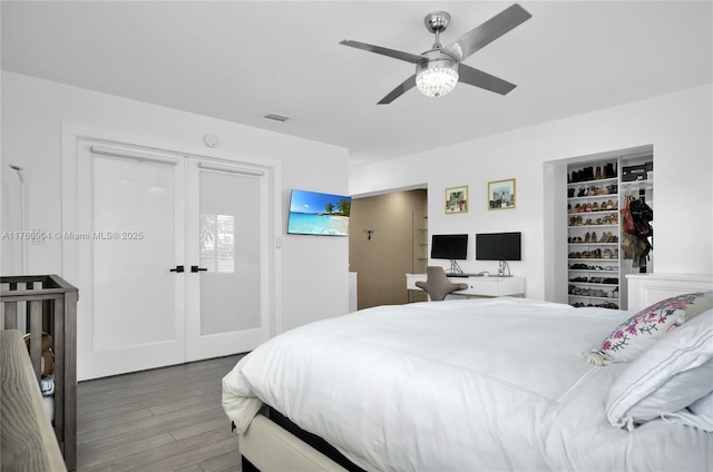 11300 SW 107th Ave, Miami, FL 33176 - bedroom with wood finished floors, a closet, french doors, and a ceiling fan