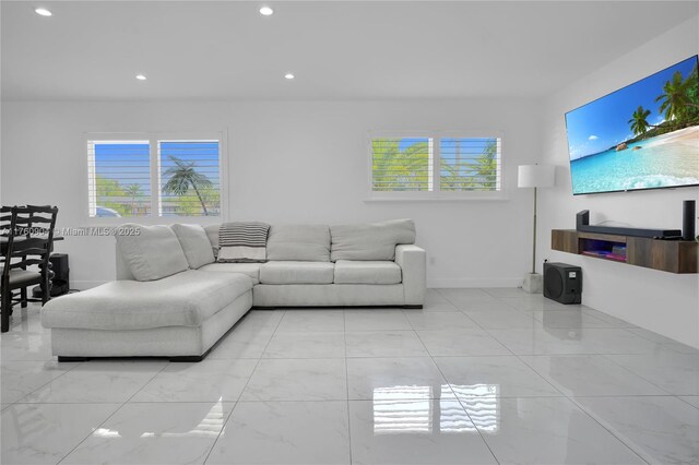 11300 SW 107th Ave, Miami, FL 33176 - living area featuring plenty of natural light, recessed lighting, light marble finish flooring, and baseboards