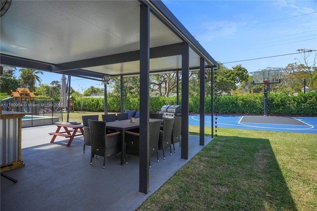 11300 SW 107th Ave, Miami, FL 33176 - view of patio / terrace with a playground, basketball hoop, outdoor dining space, and area for grilling