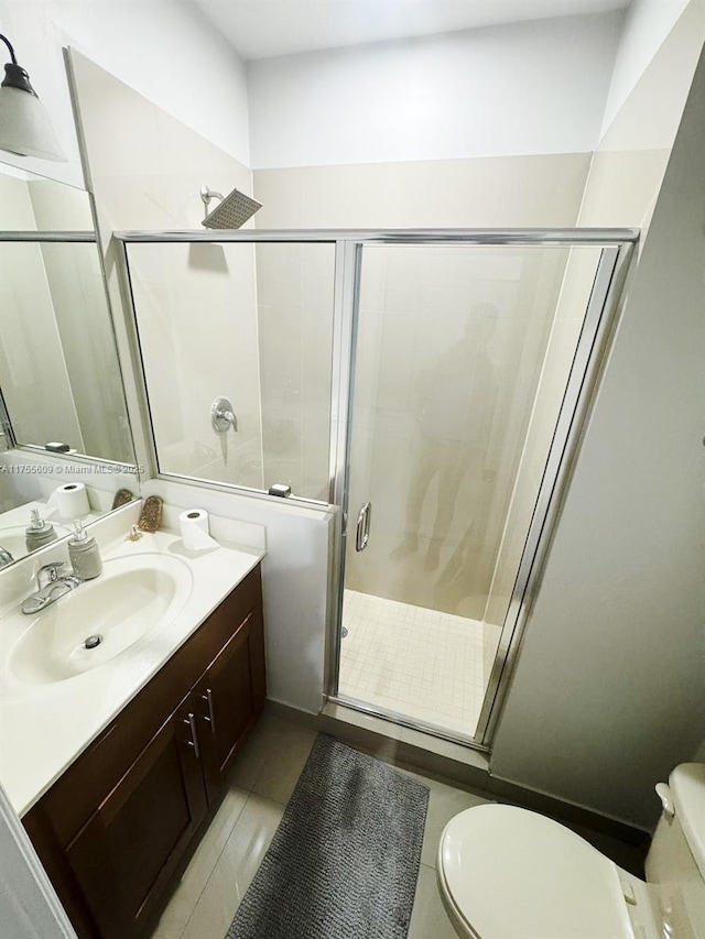 full bathroom with vanity, toilet, and a stall shower