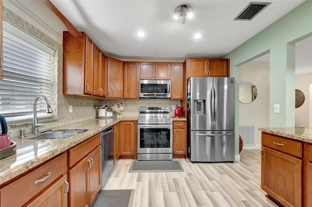 kitchen with a sink, stainless steel appliances, light wood-type flooring, and visible vents