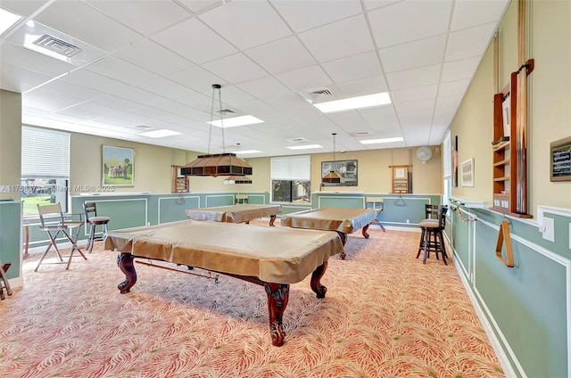 game room with carpet floors, pool table, visible vents, and a drop ceiling