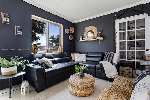 living room with ornamental molding