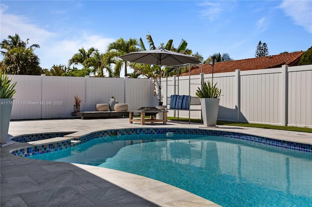 view of pool with a patio area, a fenced in pool, an in ground hot tub, and a fenced backyard