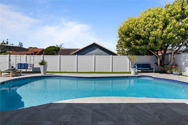 view of swimming pool featuring a patio area, a fenced backyard, and a fenced in pool