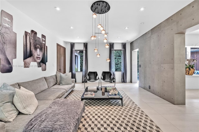 living room featuring light tile patterned floors and recessed lighting