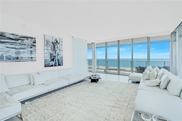 living area with a wall of windows, a water view, and a healthy amount of sunlight