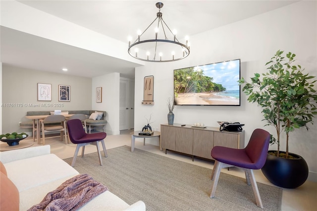 living area featuring a notable chandelier and light colored carpet