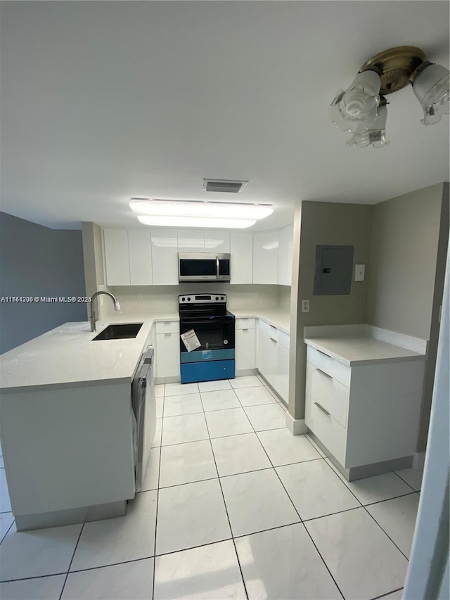 kitchen with a peninsula, electric panel, a sink, light countertops, and appliances with stainless steel finishes