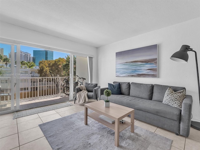 tiled living room with a city view