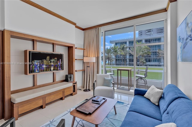 living room featuring expansive windows, light tile patterned flooring, and ornamental molding