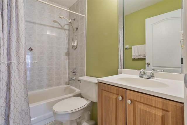 bathroom featuring vanity, toilet, and shower / tub combo with curtain