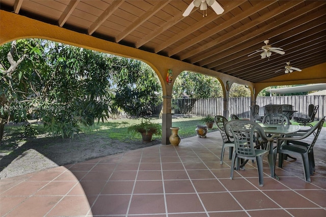 view of patio / terrace with a fenced backyard, ceiling fan, and outdoor dining space