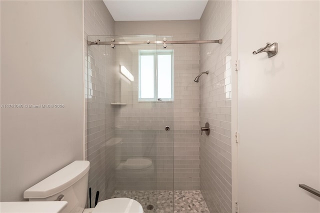 full bathroom with a shower stall and toilet