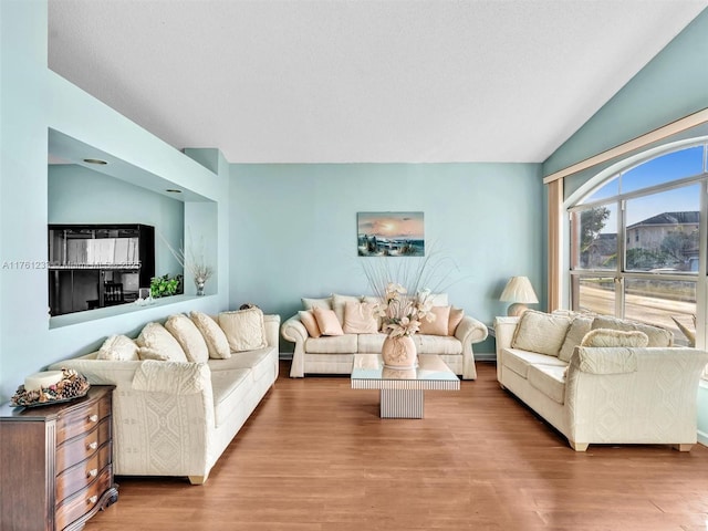 living area featuring a textured ceiling, lofted ceiling, and wood finished floors