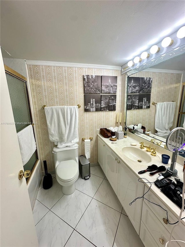 full bathroom with marble finish floor, toilet, wallpapered walls, and vanity