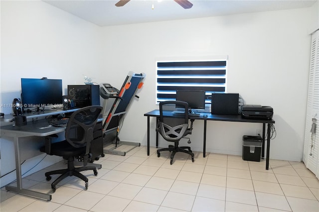 office area with tile patterned floors and ceiling fan