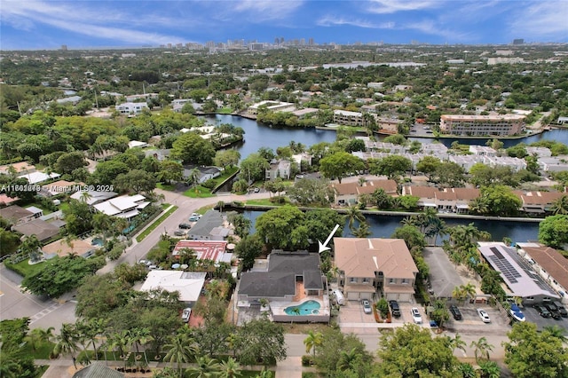 aerial view featuring a water view