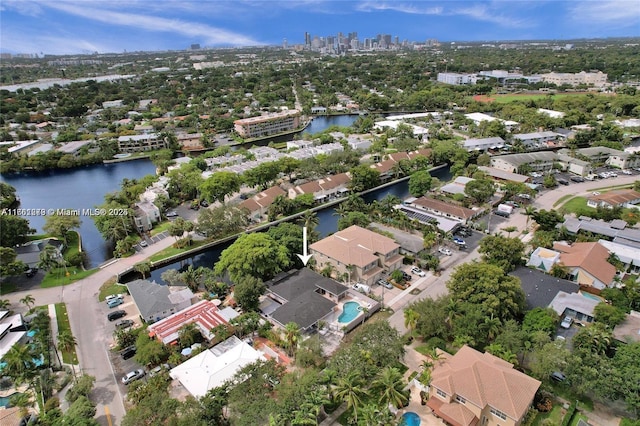 aerial view featuring a water view