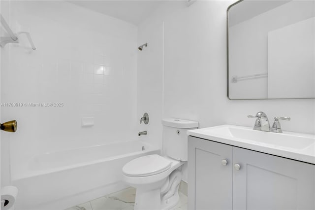 bathroom with toilet, marble finish floor, shower / tub combination, and vanity