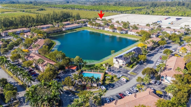 aerial view featuring a water view