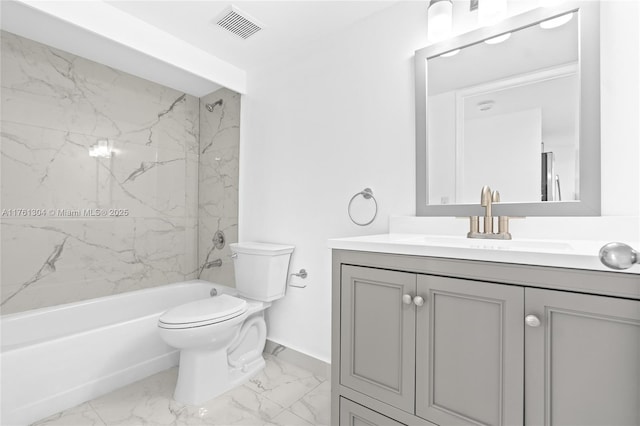 full bath with vanity, visible vents, tub / shower combination, toilet, and marble finish floor