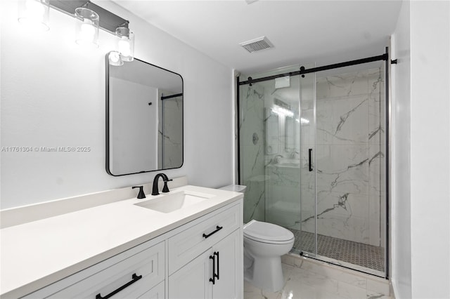 bathroom with a marble finish shower, visible vents, toilet, marble finish floor, and vanity