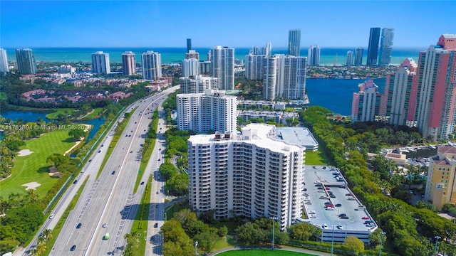 drone / aerial view with a view of city and a water view