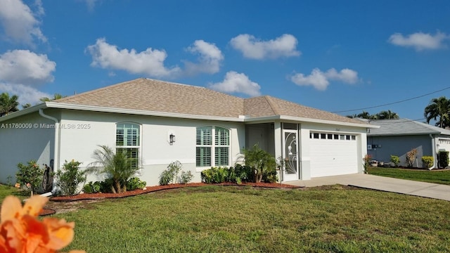 ranch-style house with stucco siding, driveway, a front lawn, roof with shingles, and an attached garage