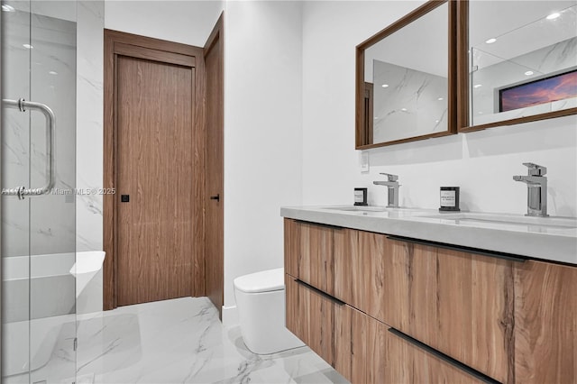 bathroom with a shower with door, marble finish floor, toilet, and a sink
