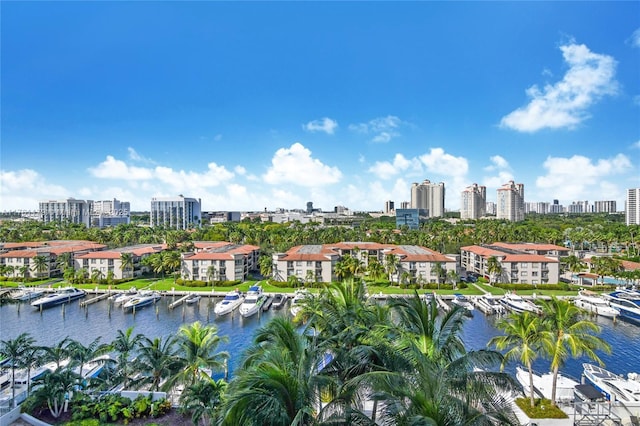 bird's eye view featuring a water view and a city view