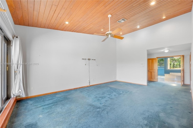 unfurnished room featuring visible vents, baseboards, wood ceiling, light carpet, and recessed lighting