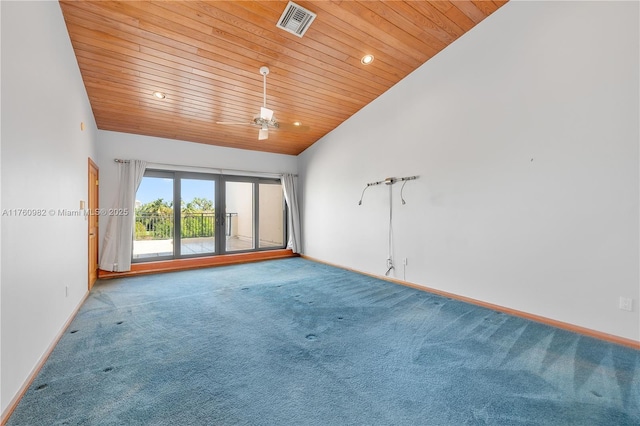 spare room with baseboards, visible vents, wood ceiling, and carpet