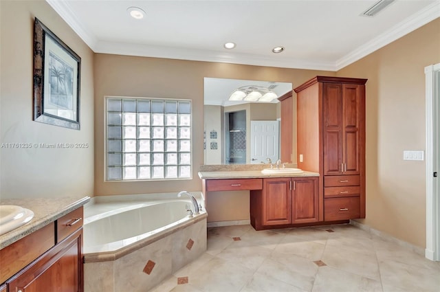 bathroom featuring a sink, two vanities, a bath, and crown molding