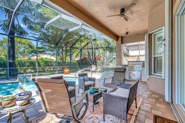 view of patio featuring outdoor lounge area, area for grilling, glass enclosure, and a fenced in pool